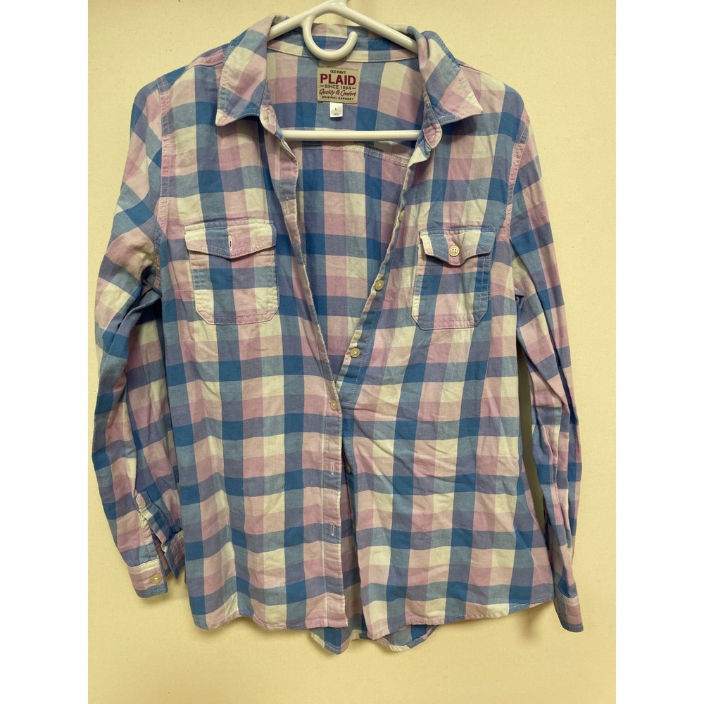 Old Navy Plaid Button Down Shirt Womens Large Blue Purple Long Sleeve Pocket